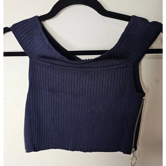 Arc Navy Blue Off Shoulder Ribbed Sweater Silver Side Zip Crop Top P S - Picture 2 of 7